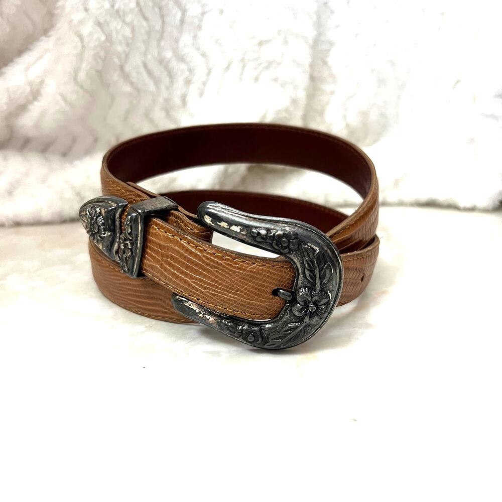 Vintage Guess Brown Tan Leather Distressed Tooled Buckle Belt Women Medium